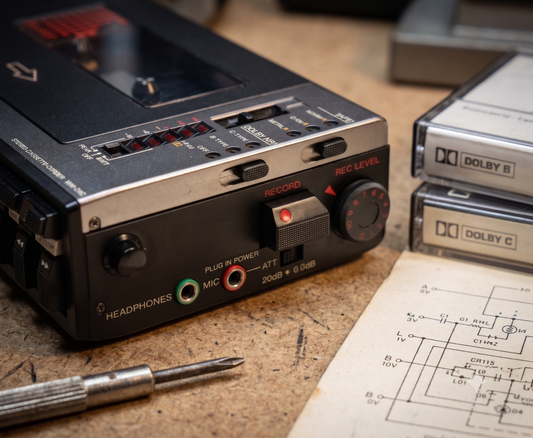 Close-up of Dolby NR switch and controls on a vintage Sony Walkman with a cassette tape in the background