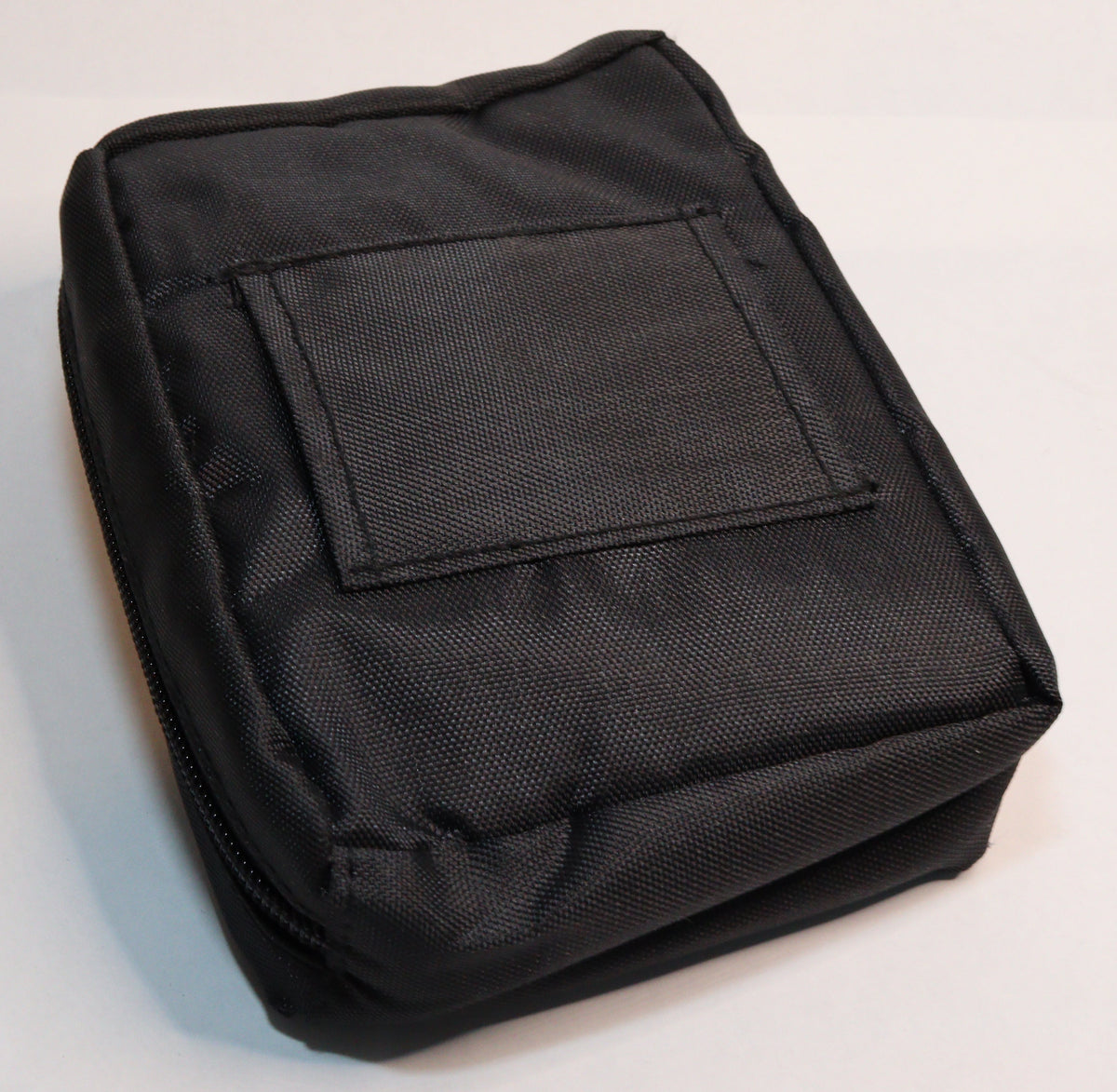 A black fabric utility pouch with a rectangular patch pocket on the front, photographed on a plain white background.