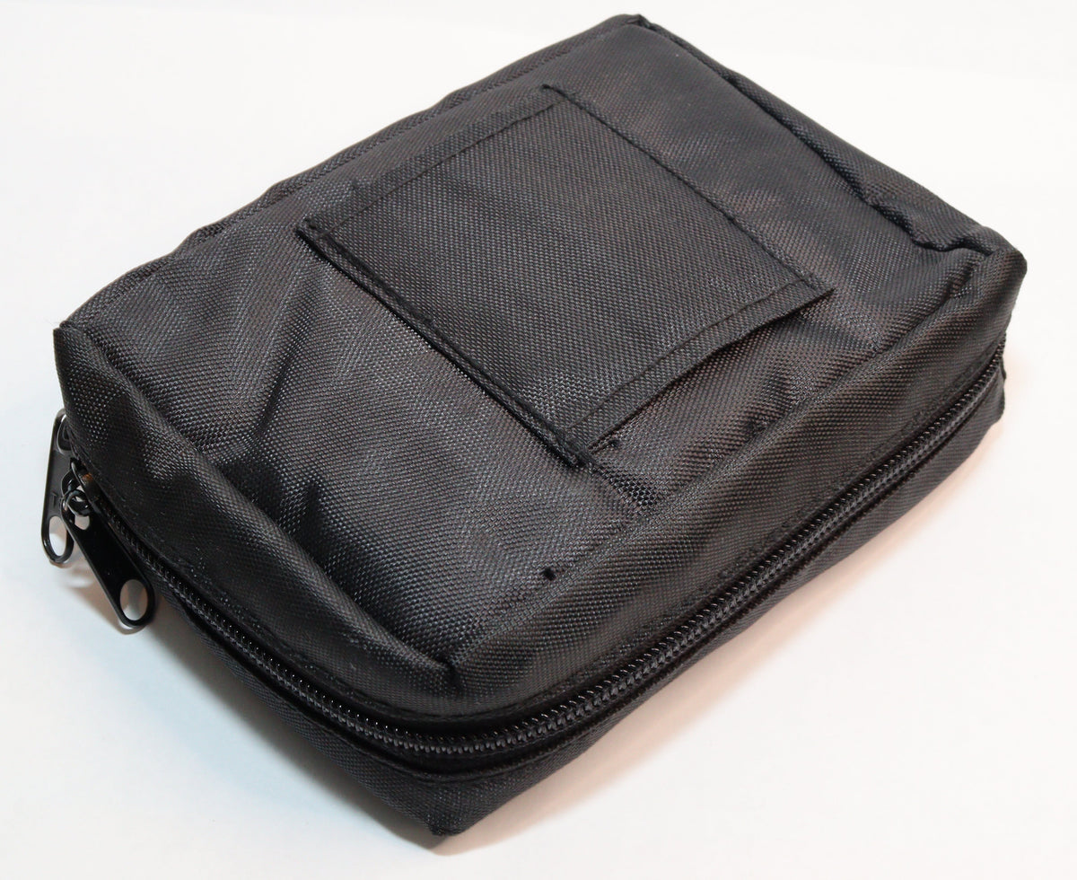 A black nylon zippered utility pouch with a rectangular patch pocket on the front, shown on a plain white background.