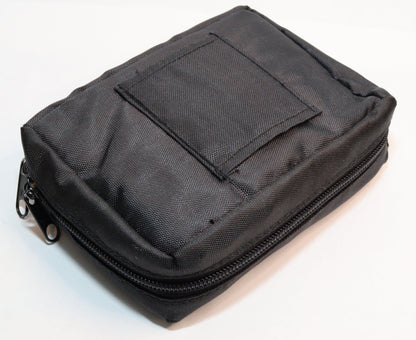 A black nylon zippered utility pouch with a rectangular patch pocket on the front, shown on a plain white background.